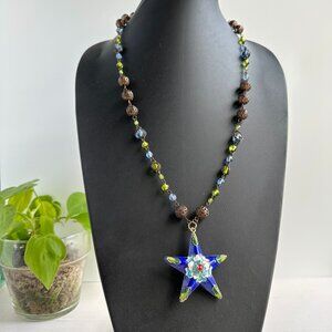 Blue Cloisonné Star Pendant 17-20" Green Blue Glass Beads